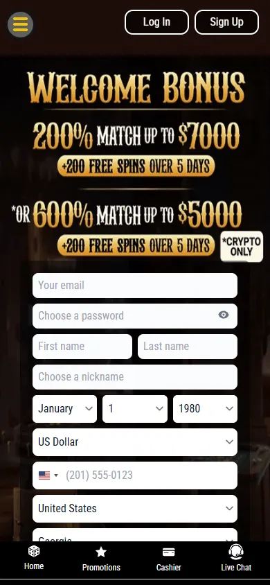 Lucky 7 Casino mobile home screen with casino access and account tools