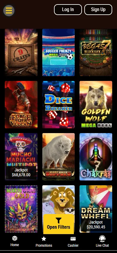 Lucky 7 Casino mobile games screen with slots, table games and live dealer options