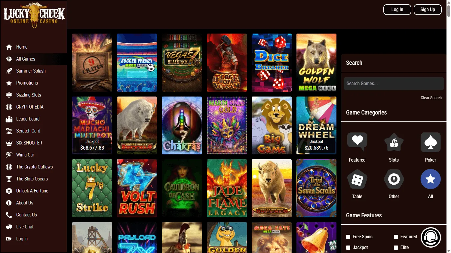 Lucky 7 Casino desktop games screen with casino categories and titles