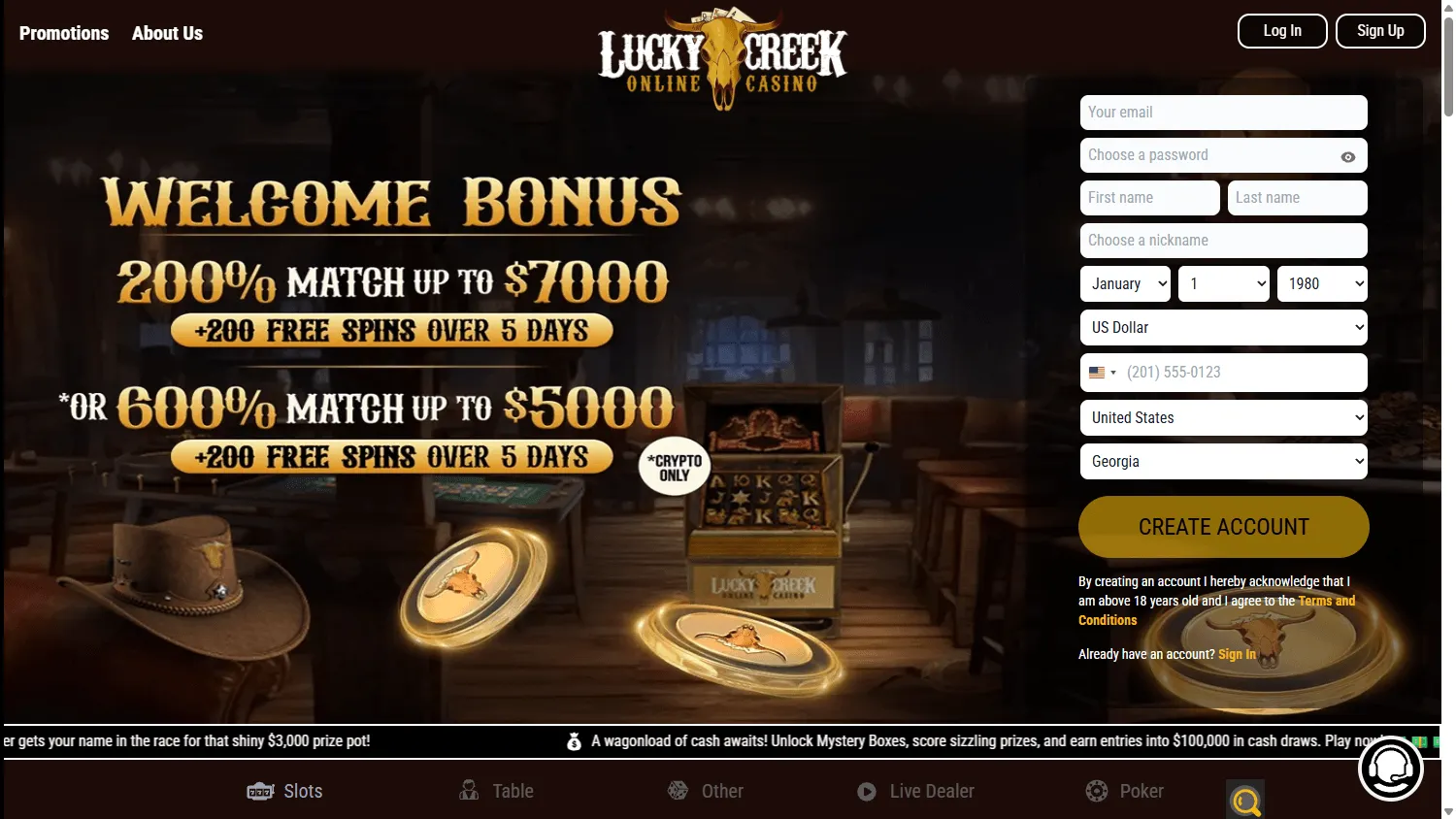 Lucky 7 Casino desktop home screen with casino offer and play options